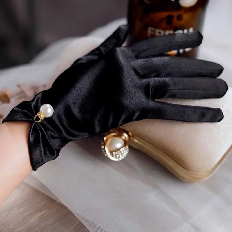 Women's Satin  Elegant Pearl Driving White Black Bridal Wedding Banquet Accessories Short Etiquette Dress Gloves