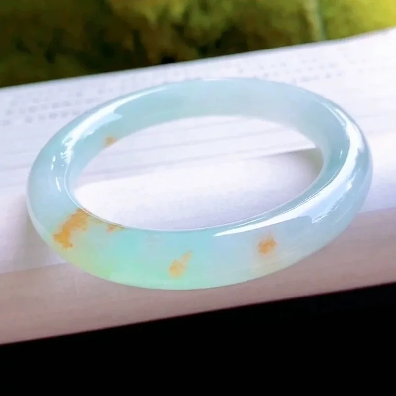 Liufurui Jewelry Natural Burmese , Icy with Flower Pattern, Round Bangle, Sun Green Jadeite Bracelet
