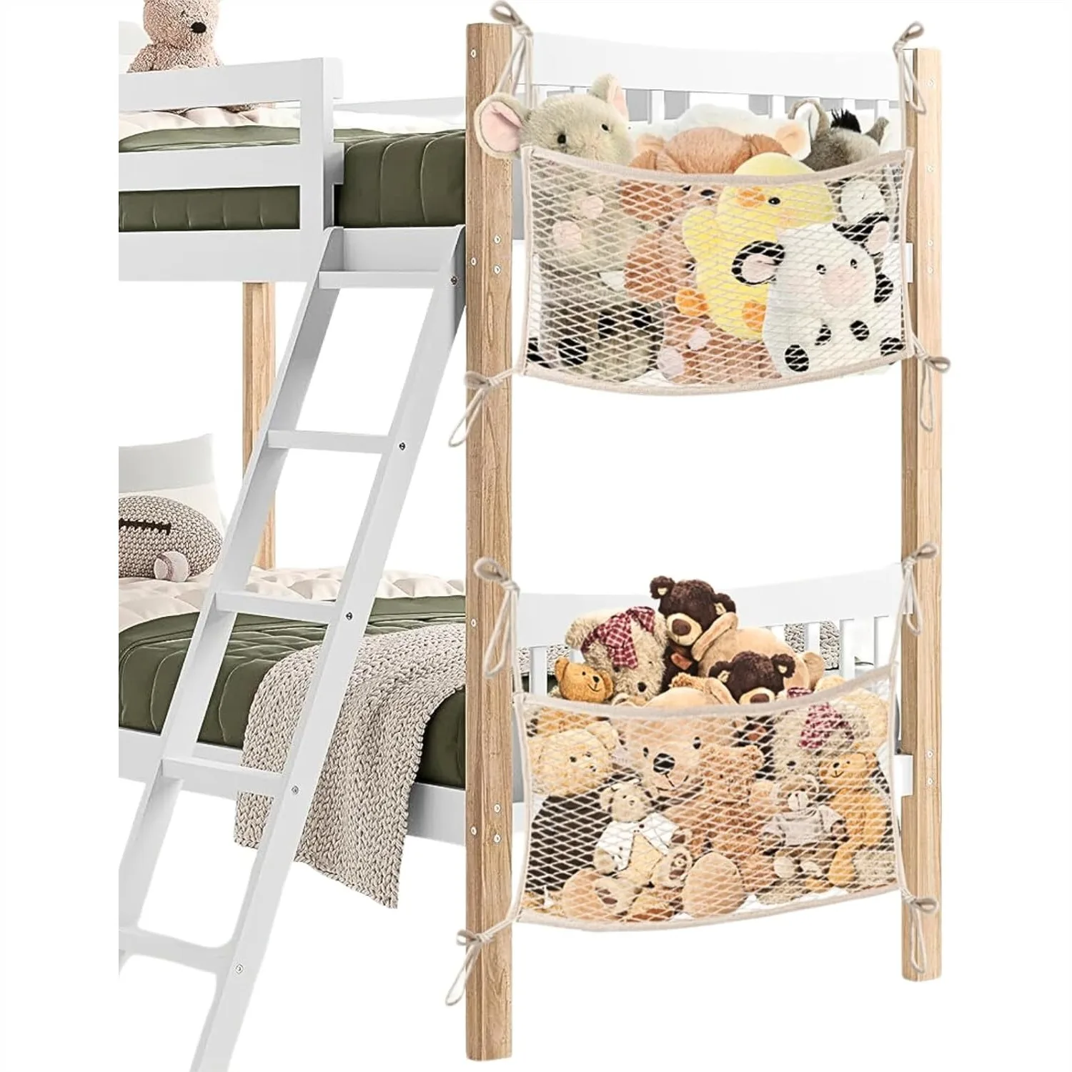 Stuffed Animal Storage Net for Kids, Bedside Toy Organizer with Tether, Stretches up to 35 Inches, Beige
