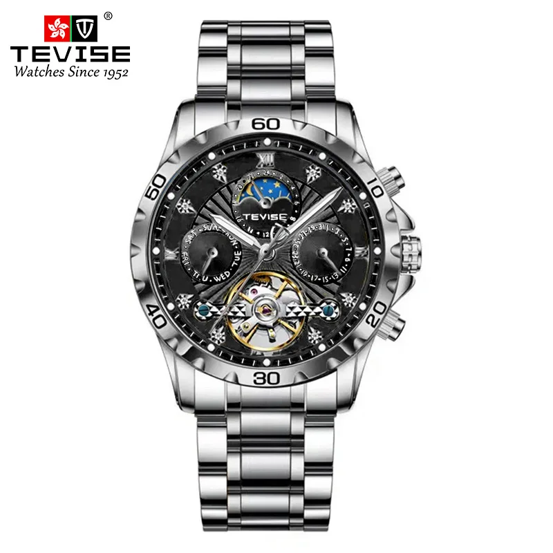 WebsiteSwitzerlandTEVISEFashion-reloj mecánico de negocios para hombre, resistente al agua, reloj de acero Tourbillon multifuncional