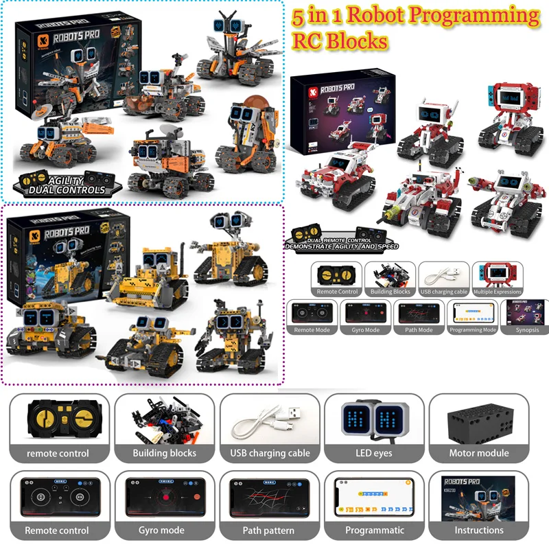 

Программируемый робот-конструктор 5-в-1 с LED-дисплеем для отображения различных выражений, управляемый через приложение, радиоуправляемая машинка-краулер, игрушка из MOC-блоков