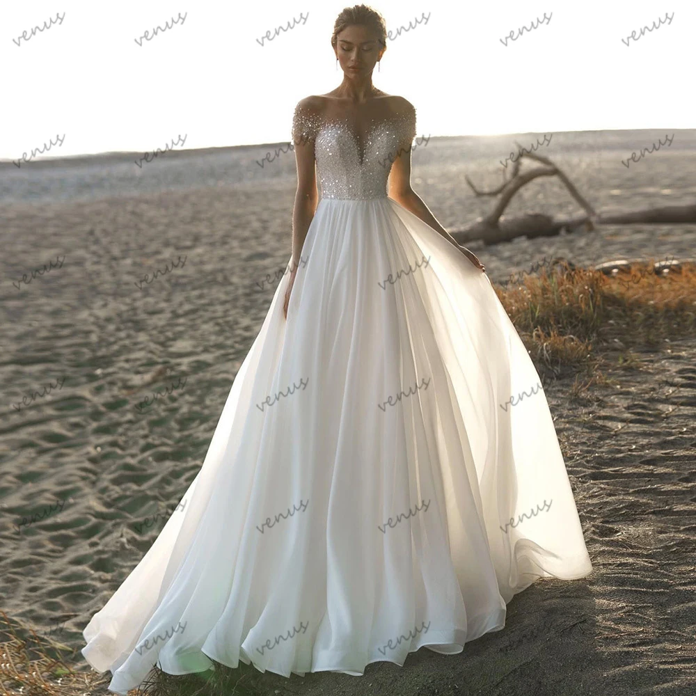 

Glitter Wedding Dresses A-Line Tulle Tiered Bridal Gowns Beading Appliques Short Sleeves O-Neck Robes Vestidos De Novia 2024