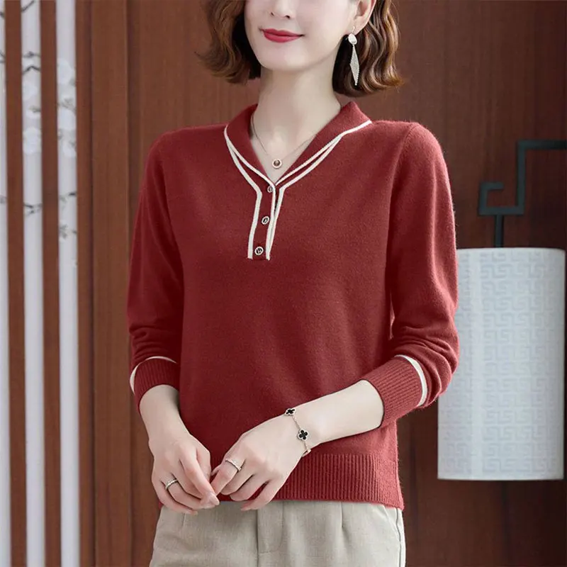 Spring Autumn New Solid Color Turn-down Collar Jumpers Female Clothing Stylish Button Bright Line Decoration All-match Sweaters