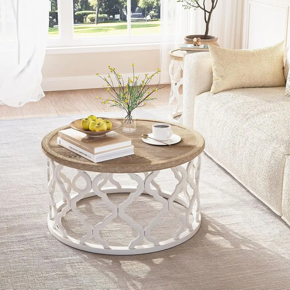 French Country-Style Distressed Round Coffee Table with Curved Frame Base for Boho Living and Dining Spaces