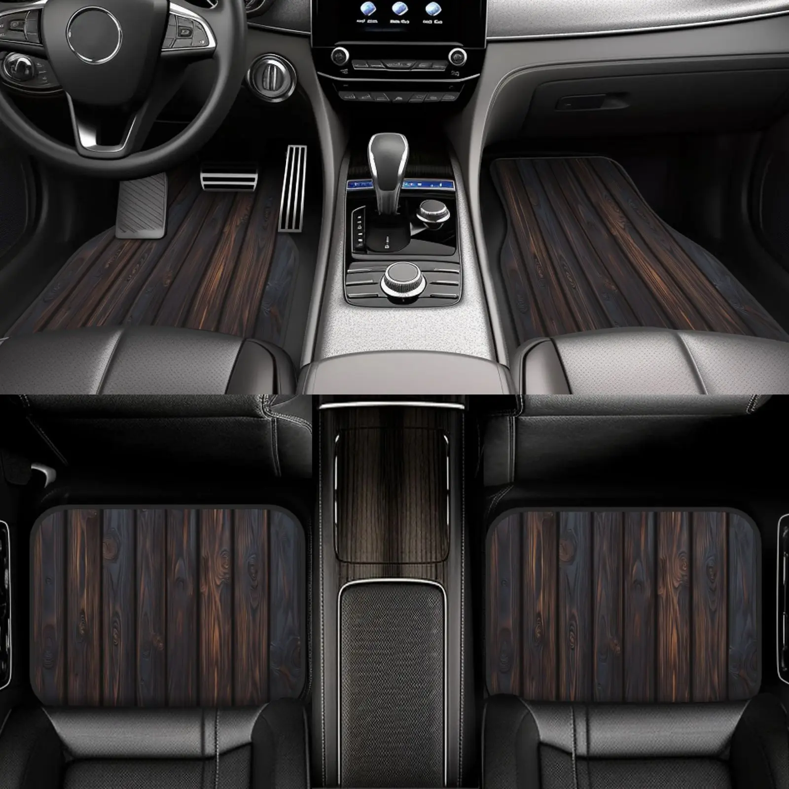 Set Of 4; Universal Wood Grain Design Car Mats - Two Pieces Measuring 17.3X27 Inches And Two Pieces Measuring 13.4X17.3 Inches,