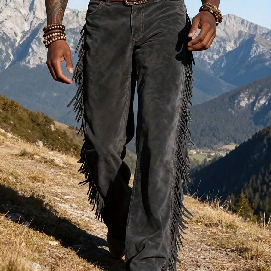 Men'S Fashion Casual Retro Western Fringed Trousers