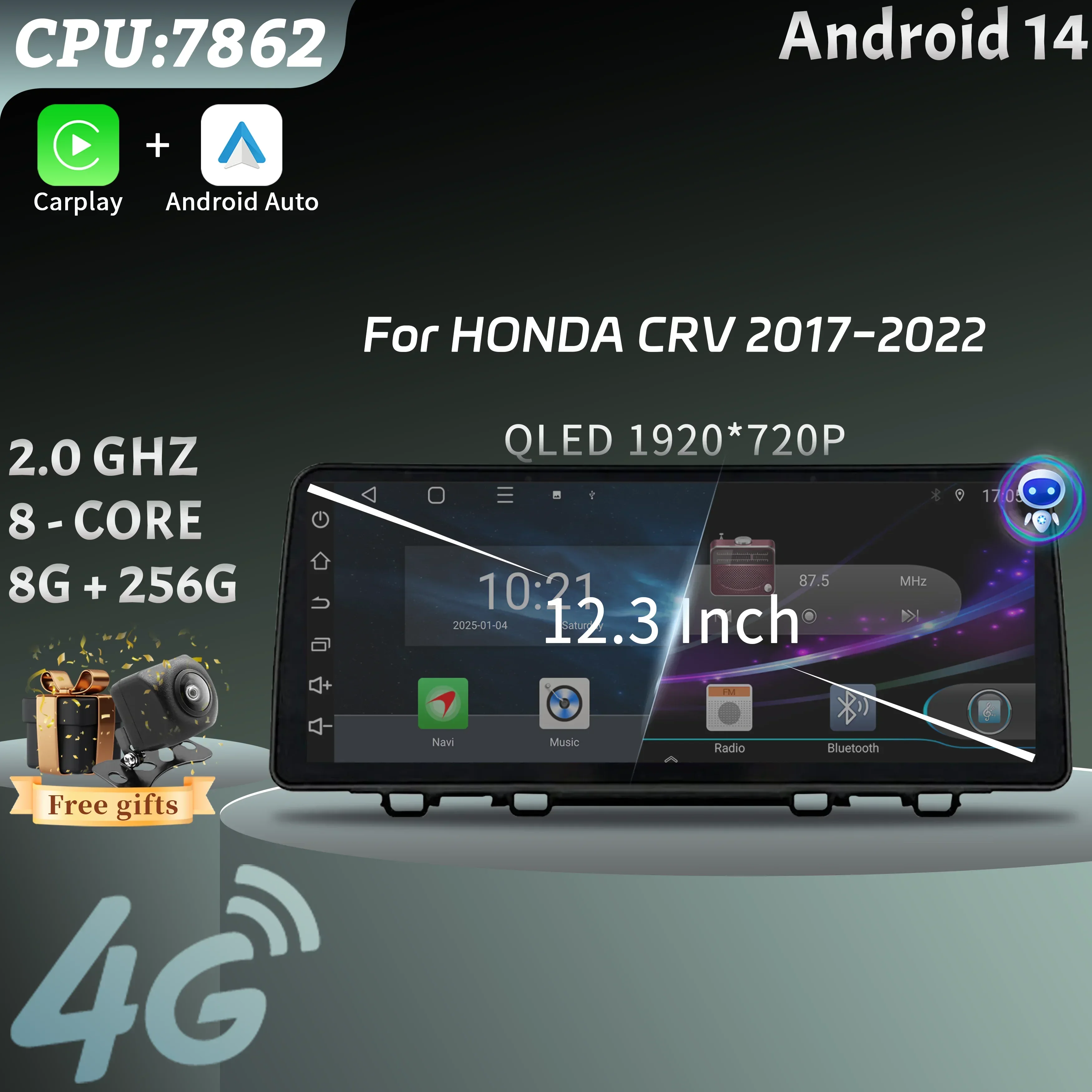 Autoradio multimédia 12,3 pouces pour HONDA CRV 2017-2022, Android, sans fil, Carplay, navigation GPS 4G, écran d'unité principale