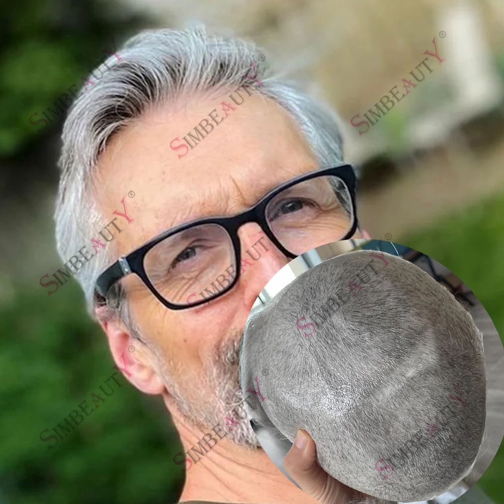 

Thinnest Skin Vloop Male Hair Prosthesis 0.02-0.03mm Clear Poly PU 1B80 Grey Man's Wig Invisible HumanHair System Toupee for Men