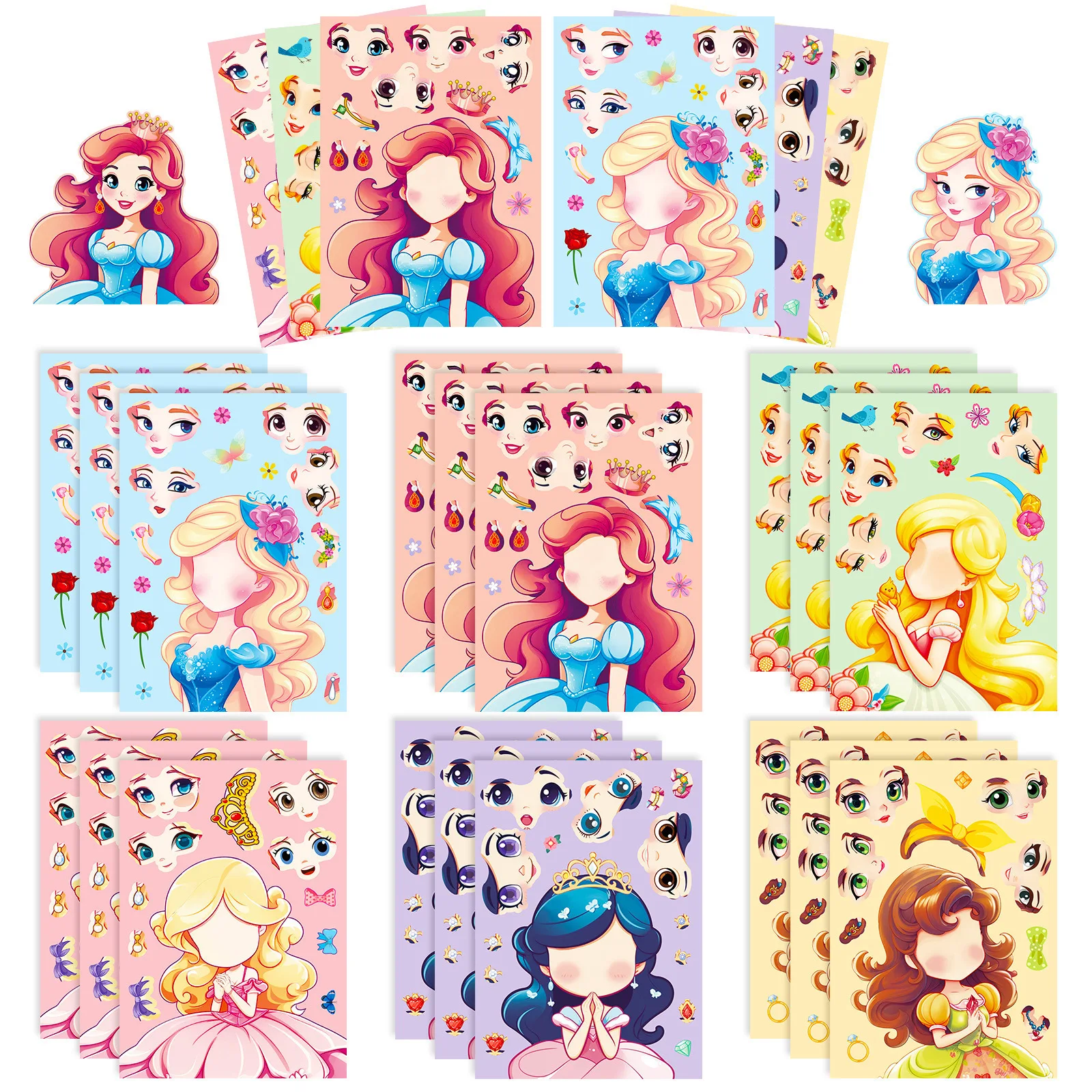 6Sheets Princess Make‑a‑Face Puzzle Stickers Cartoon DIY Mix Match Decor Stickers for Journal Scrapbook