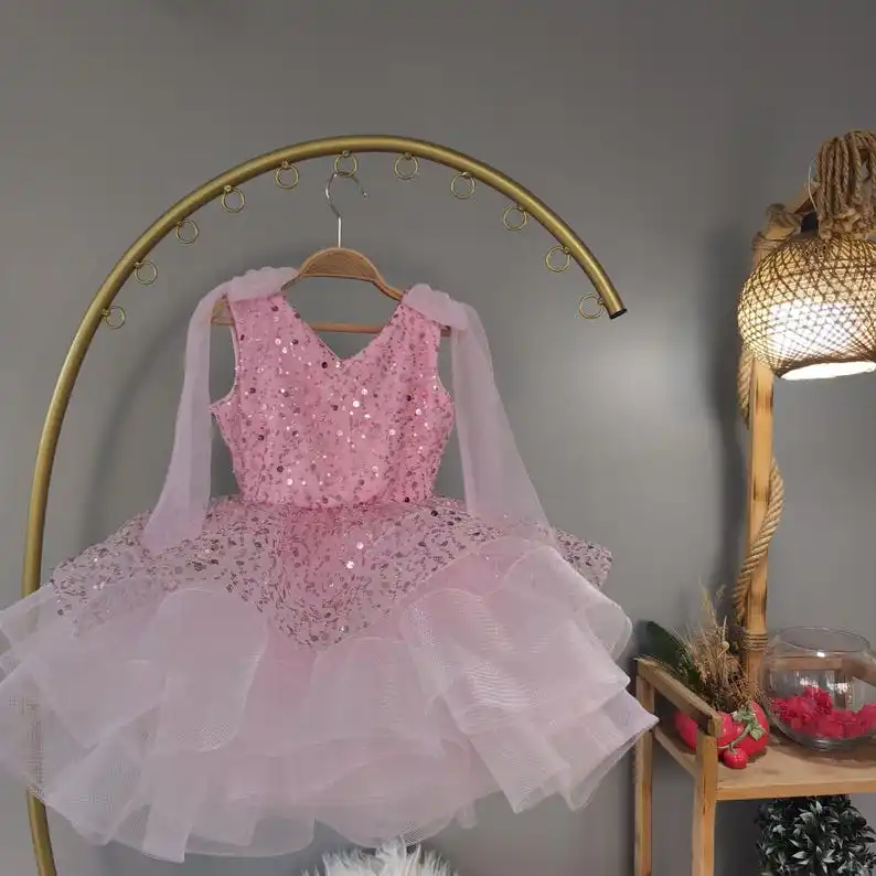 Flower Girls Dress Pink Sequin Bodice Tulle Dress: Beaded Bow Shoulder Party Gown for Wedding Party