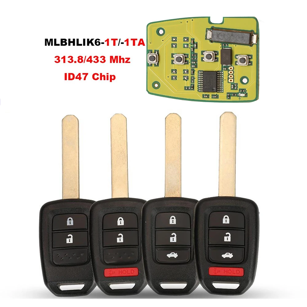 

jingyuqin New 313.8/433Mhz ID47 Chip Keyless Remote Car Key For Honda Accord 2013 2014 2015 2016 2017 MLBHLIK6-1T/1TA