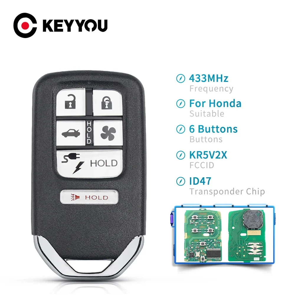 

KEYYOU Smart Remote Key Keyless Fob For Honda 2018 Clarity Hybrid Electric Fuel Cell 6 5+1 Buttons FCCID KR5V2X ID47 Chip 433Mhz