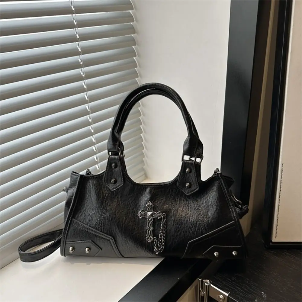 

PU Leather Gothic Cross Crossbody Bag Large Capacity Fashion Design Locomotive Style Underarm Bag Korean Style
