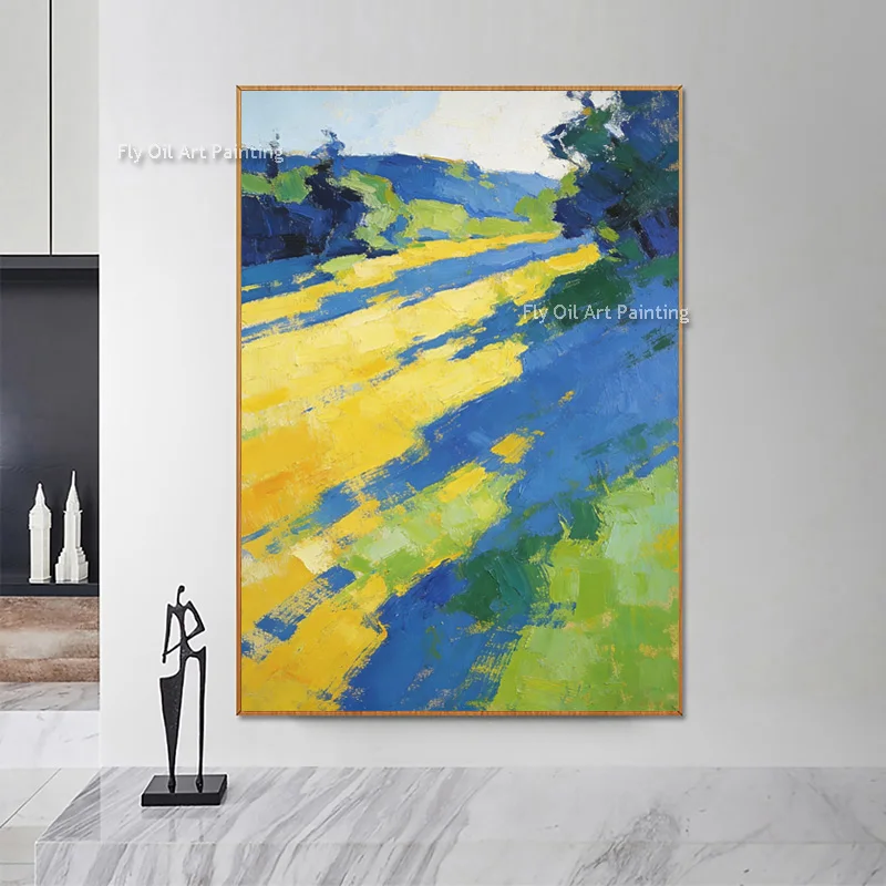 

Handpainted Beautiful Design Artwork Green Yellow Suburb Landscape Home Wall Art Decor New Countryside View Oil Painting For Roo