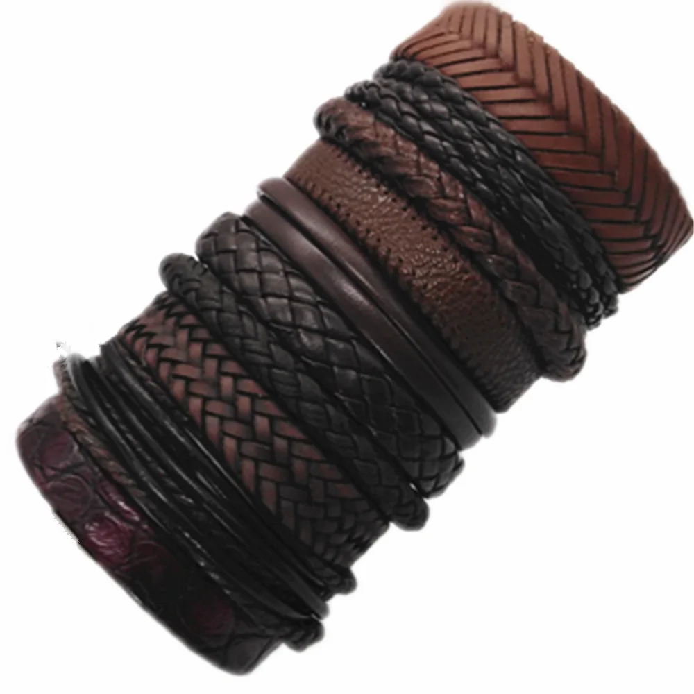 10 Pcs/set Brown Wrap Woven Fashion Handmade Men Bracelets Male Women PU Leather Bracelets Men Bangle Wholesale Jewelry