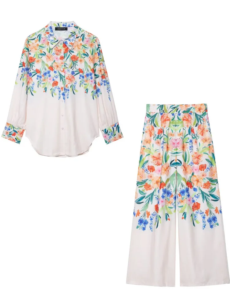 

Summer New Fashionable Cotton Linen Floral Print Women's Shirt And Pants Set Vacation Wear Polyester Material