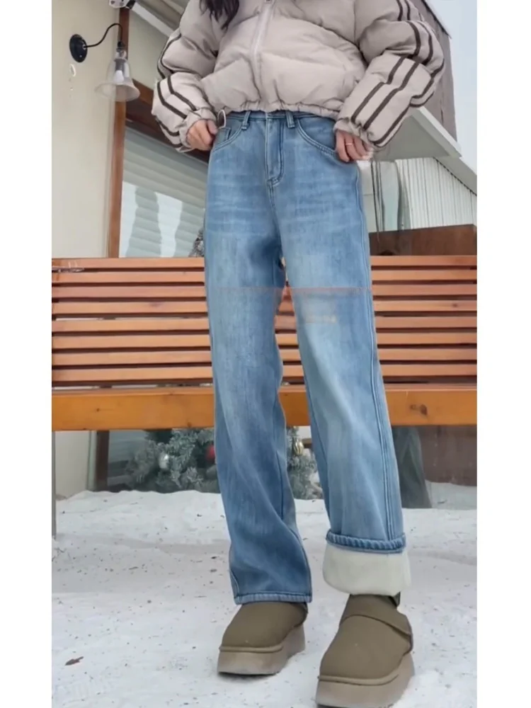 Fce 裏地付きストレートレッグジーンズ レディース 秋冬新作 プラスサイズ ゆったり ハイウエスト 着痩せ ワイドレッグ ロングパンツ