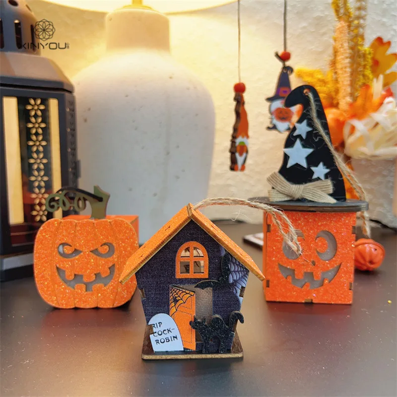 Halloween Pumpkin Wooden Night Light - Spooky Party Mood Ambient Glow for Tabletop Decor & Photo Prop