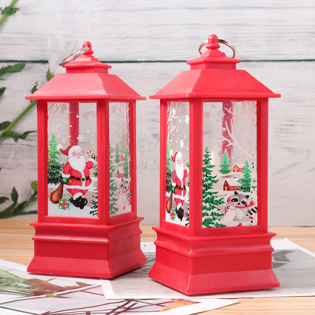 2 Pcs Christmas Snow Lantern Santa Decorating Tree LED Lighted Flame Hanging Lamp Glowing Candlestick