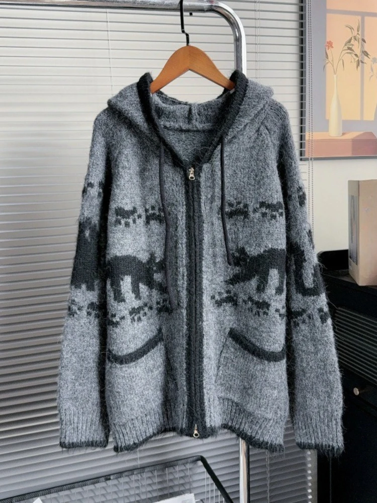 

Korean Fashion Cardigan Hooded Zipper Pockets Cartoon Jacquard Sweaters Lazy Style Vintage Knit Tops 2025 New Women's Clothing