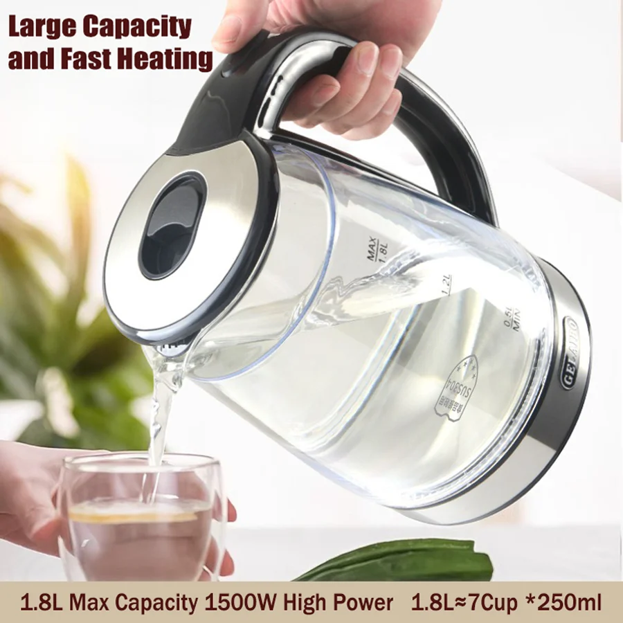 غلاية ماء كهربائية 1.8 لتر ، غلاية ماء شاي ، مناسبة للمياه الساخنة والقهوة والشاي ، مع إغلاق أوتوماتيكي ، وظيفة حماية الغليان، BPA غير مدرجة ، مصباح LED، غلاية مياه وسخان من الزجاج والفولاذ ،مثالية للمنزل والسفر