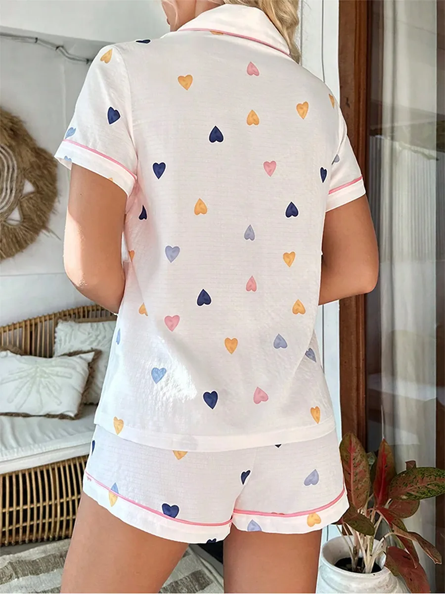 Women\'s Summer Loungewear Set Cute Heart Print Short Sleeve Notched Lapel Buttons Tops with Elastic Waist Shorts 2 Pcs Sleepwear