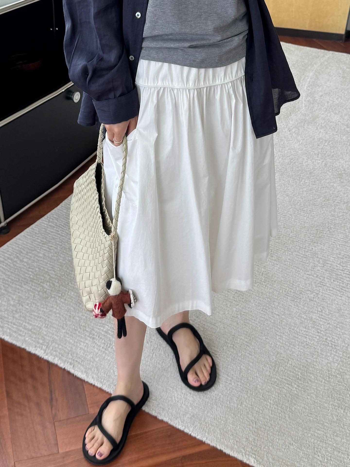

Ele Pure Cotton A-Line Skirt with ket High Waist Elastic Waisand Slimming Midi Skirt Korean Sle Commute Dr
