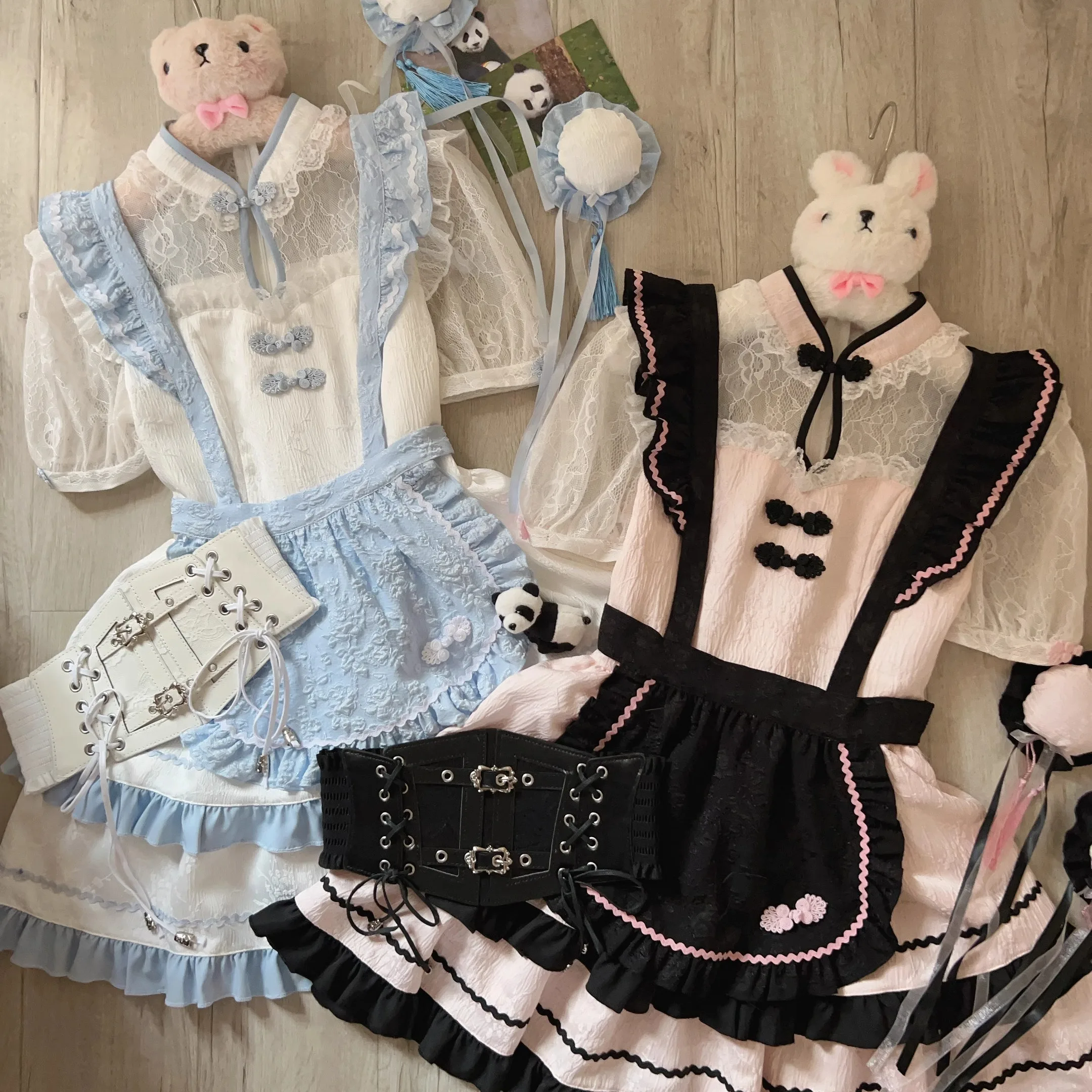 Lolita Dress New Summer Cute Girl Female Chinese Style Lace Short Sleeve Sweet Op Dress with Apron Wide Waist Seal