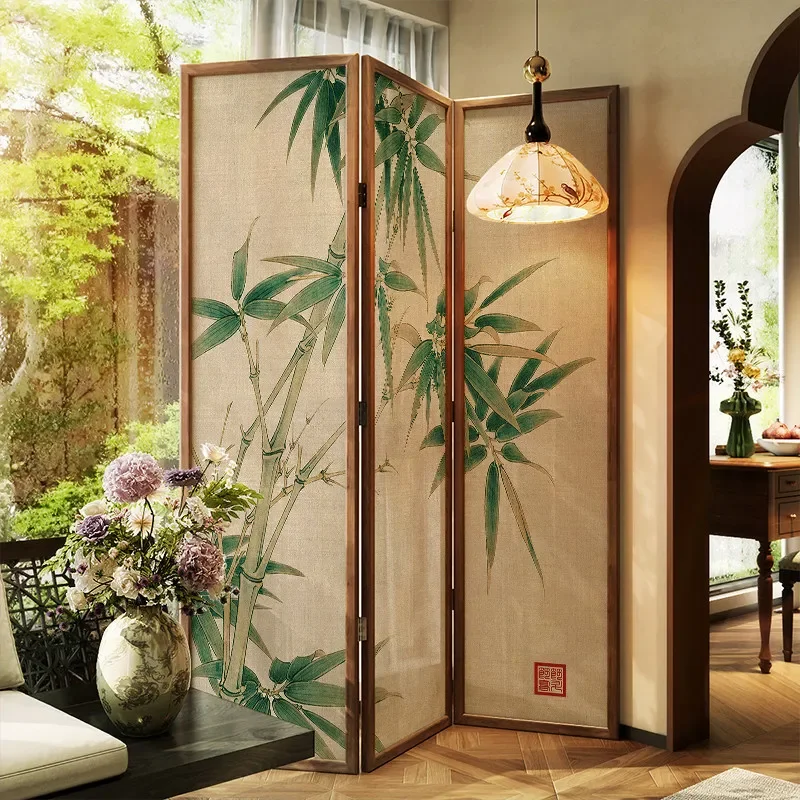 for New Chinese Style Movable Solid Wood Bamboo Screen Partition Folding Room Divider for Living Room Dining Room Entrance