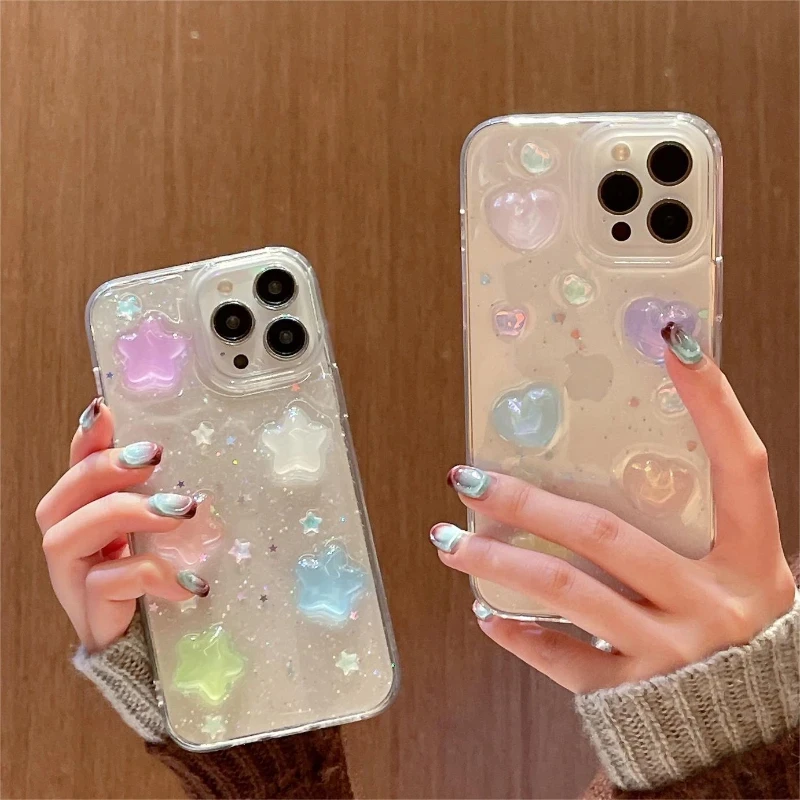 Transparent Bling Cute Color 3D love Stars Phone Case for Iphone 14 13 12 11 15 Night Light Luminous TPU Drop Glue Glowing Cover