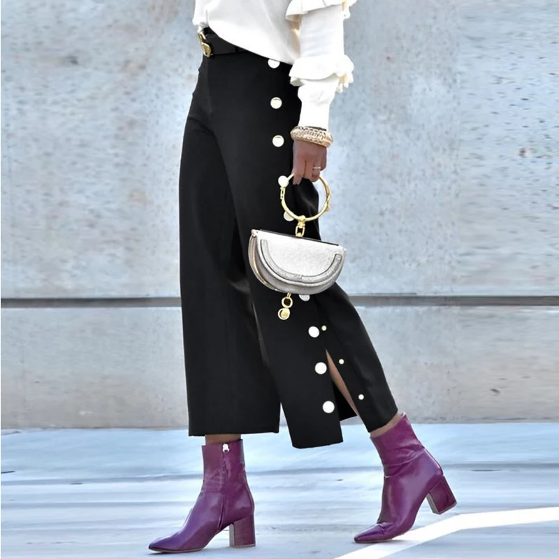 Women Black High Waist Wide Leg Ankle Pants Side Button Detail Split Hem Loose Fit Urban Office Casual Trousers