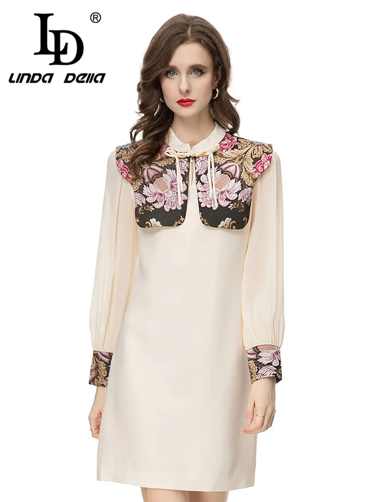 

LD LINDA DELLA Autumn New Style Vintage Designer Dress Women off-white Mint leaf collar Splice Print Slim Fit Travel Mini Dress