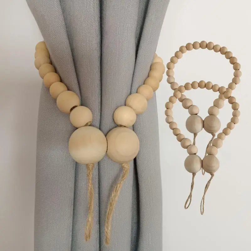 1Pcs Minimalist Wood Curtain Holdback Graduated Natural Wood Bead Curtain Tieback For Wabi-Sabi Nordic Decor