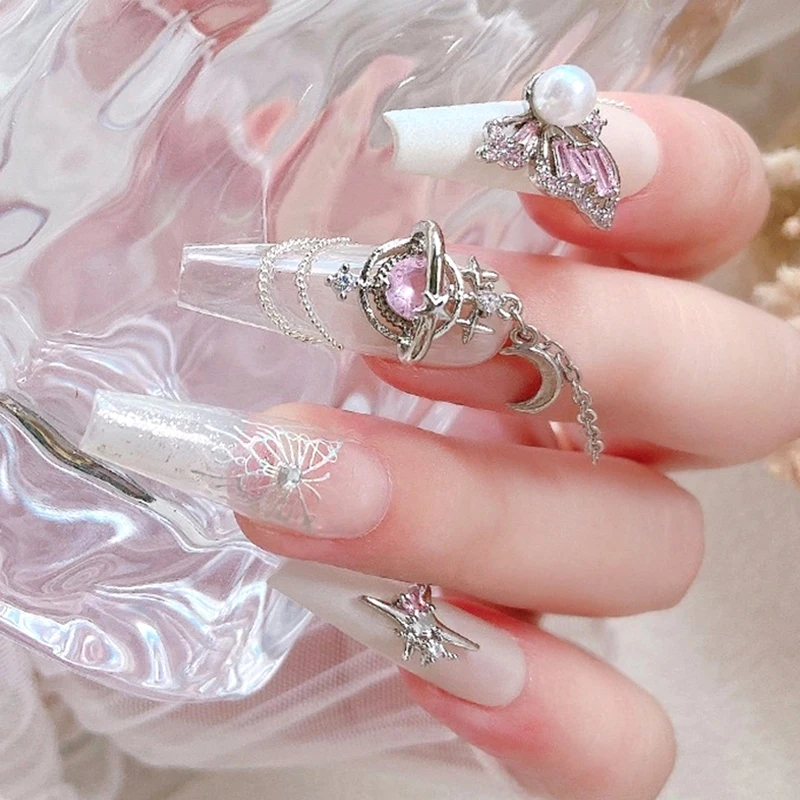 1Pc DIY Nail Art Decoration 3D Butterfly Chain Nail Art Charm Crystal Love Bow Nail Drill For Manicure Design Accessory