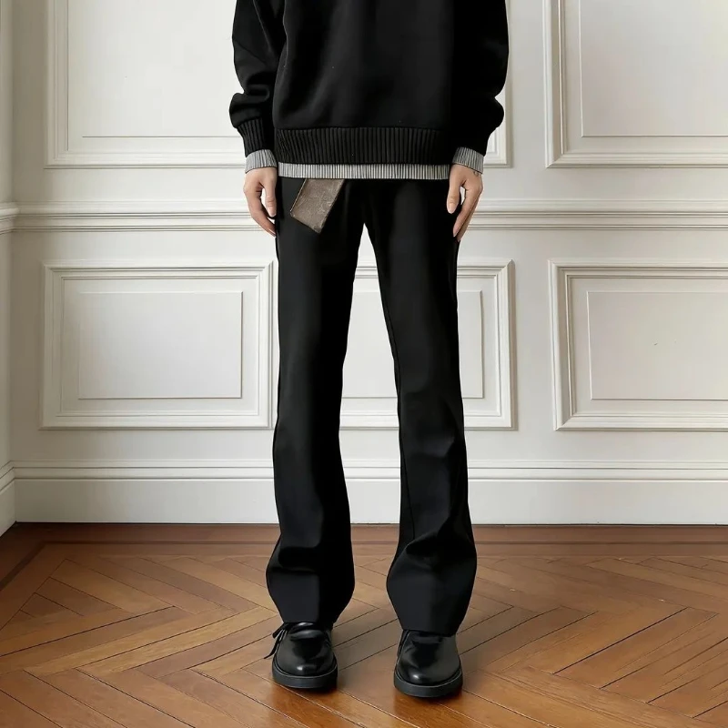 Men's Black Flare Dress Pants Vintage Vibe Style High Waist Draped Slim Fit Trousers Elegant Stacked Long Pants