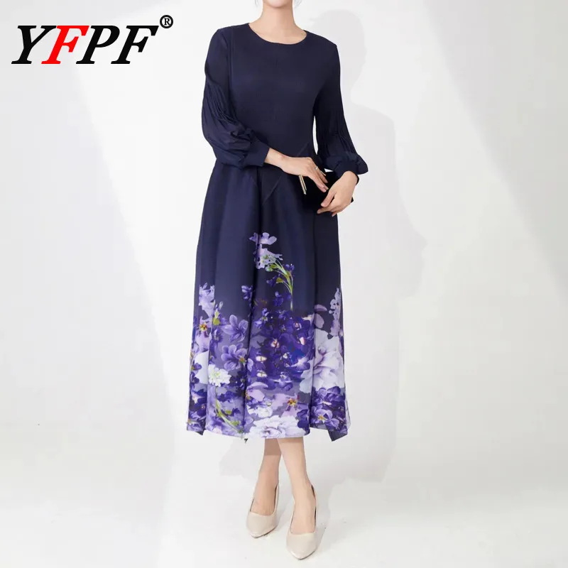 YFPF-vestido plisado con estampado morado para mujer, vestido acampanado con cuello redondo, vestidos de fiesta de noche de Color contrastante, Ropa nueva 2025, 3A197