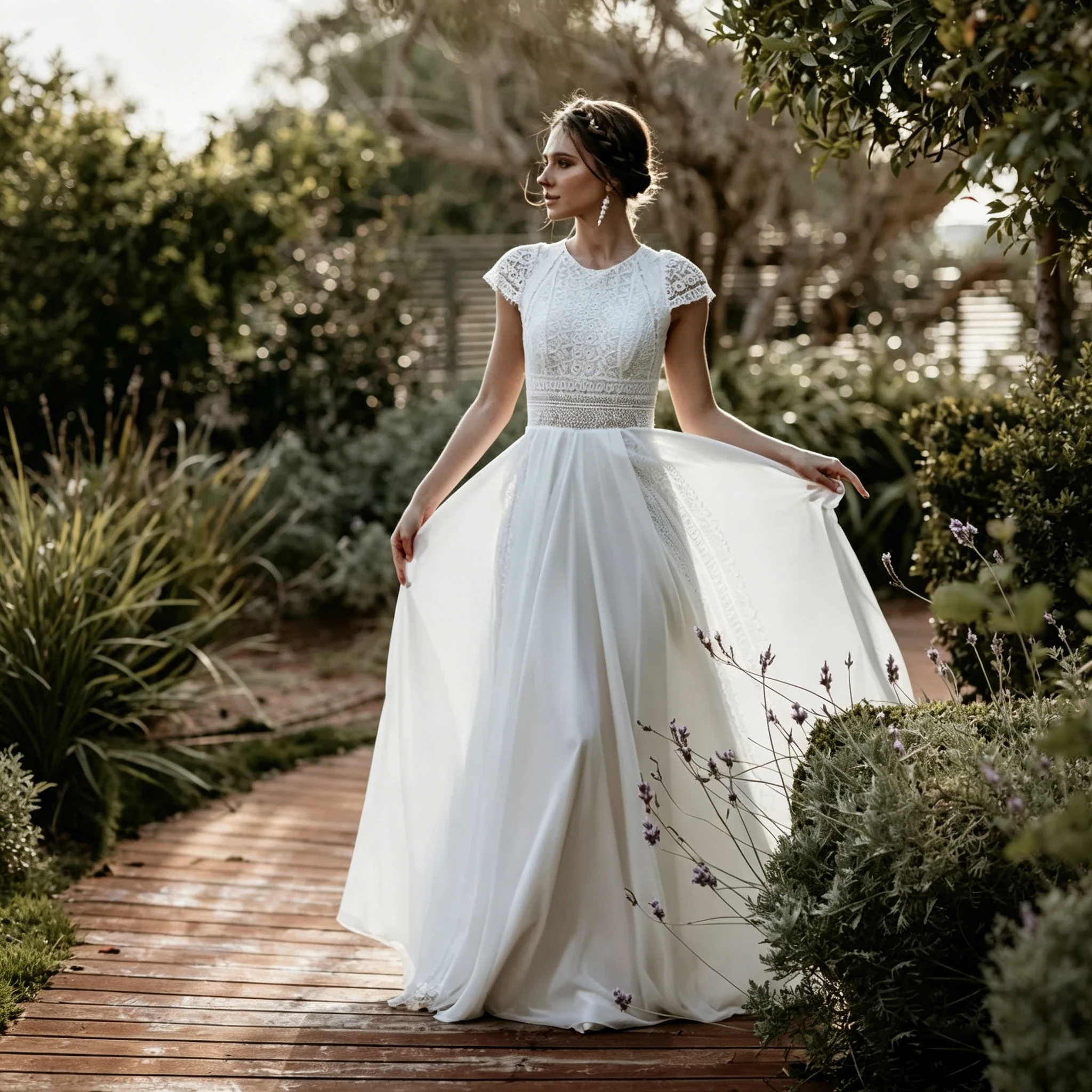 Vintage Boho Spitzen-Chiffon Strandhochzeitskleid mit Flügelärmeln, O-Ausschnitt, fließendem A-Linien-Schnitt, langem Brautkleid mit Rückenausschnitt, für standesamtliche Zeremonien