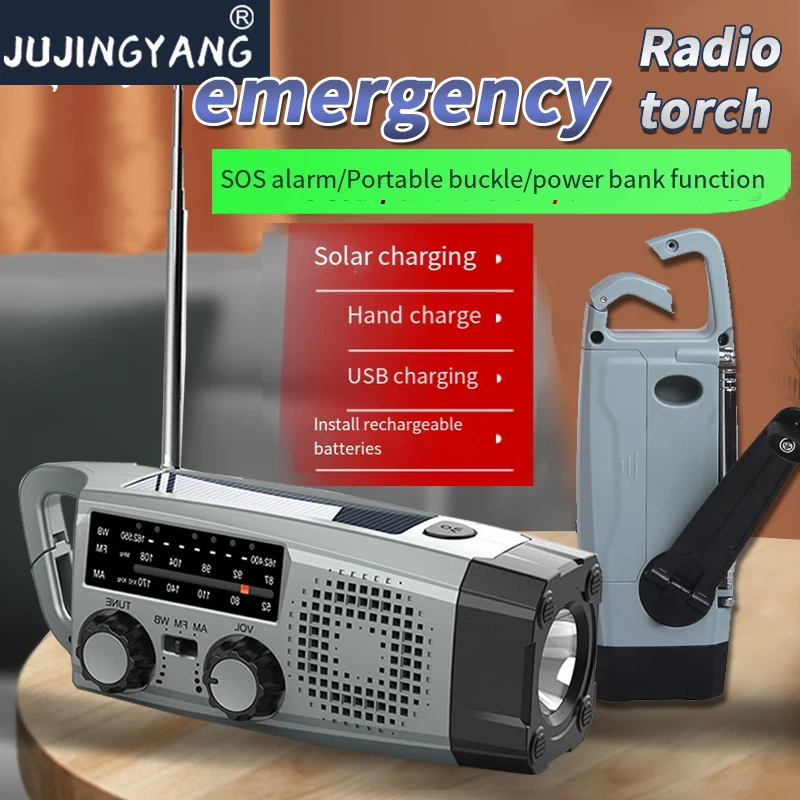 

Emergency radio flashlight multi-function solar battery charging press and hold sos alarm