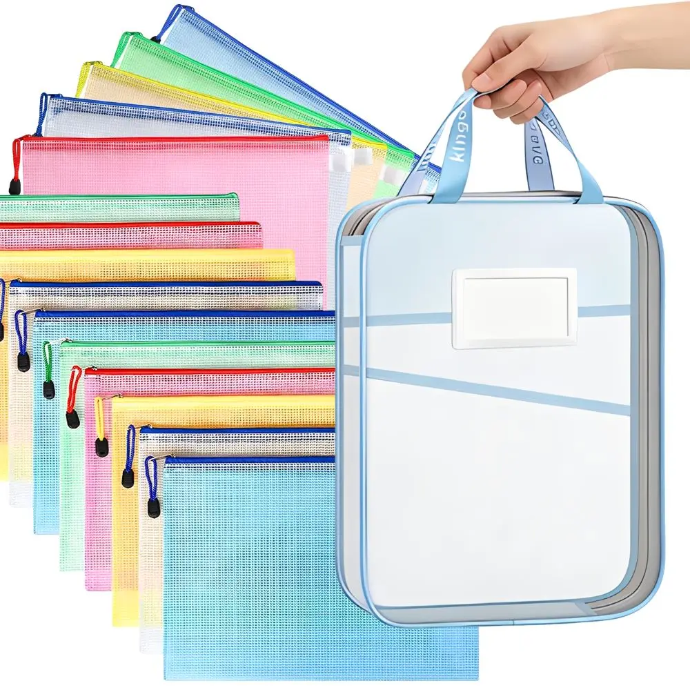

1pc Blue L-shaped Large Opening Document Organizer & 7pcs Random Color A4 PVC Mesh Zipper Pouches for School, Office, Home YMY