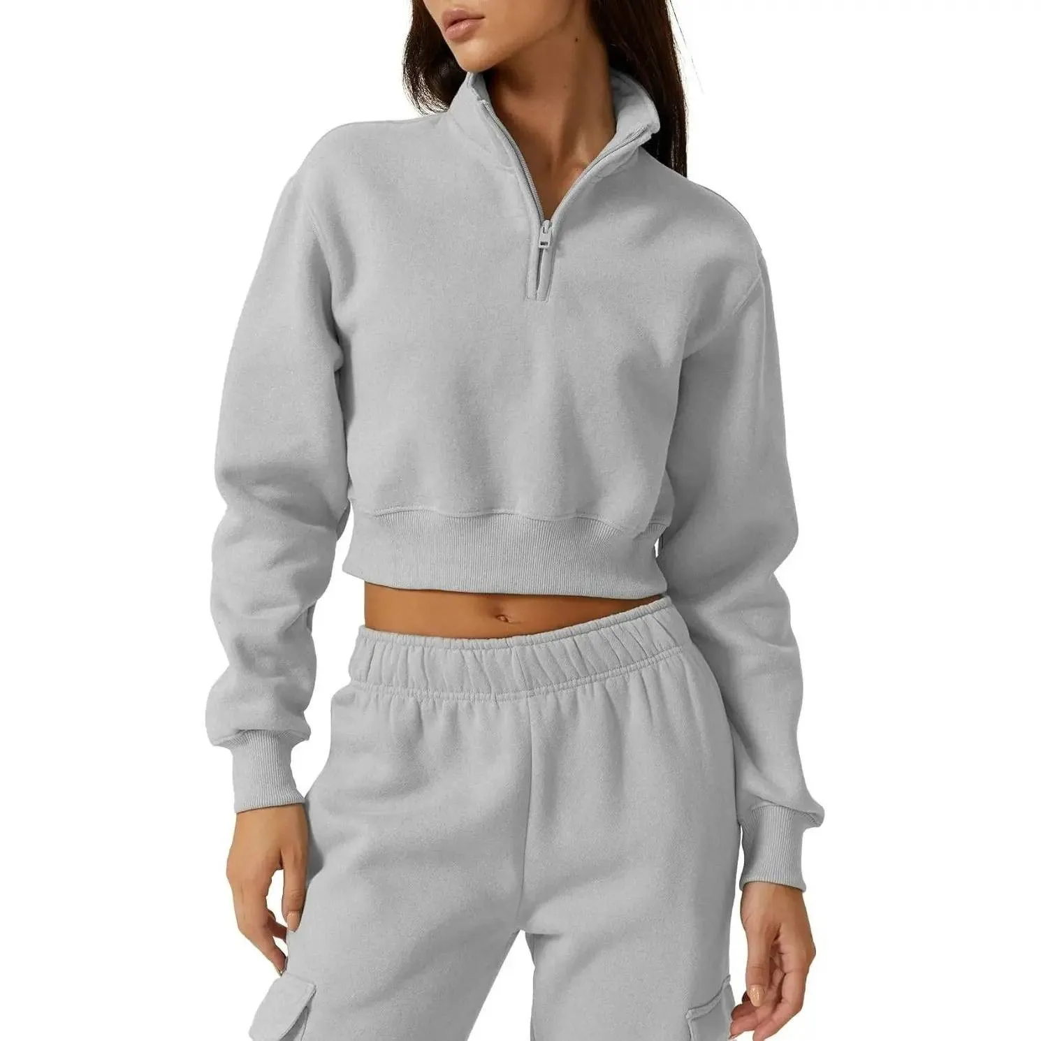 Stand Collar Zipper Set with Full Length Sporty Crop Top Drop Shoulder Pocket Women Winter Set Long Sleeve Autumn Spring