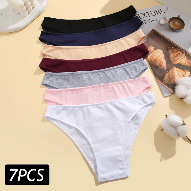 7PCS Women\'s Cotton Panties Sexy Low Waist Solid Color Briefs Seamless Lingerie Female Soft Underwear Large Size Underpant M-XXL