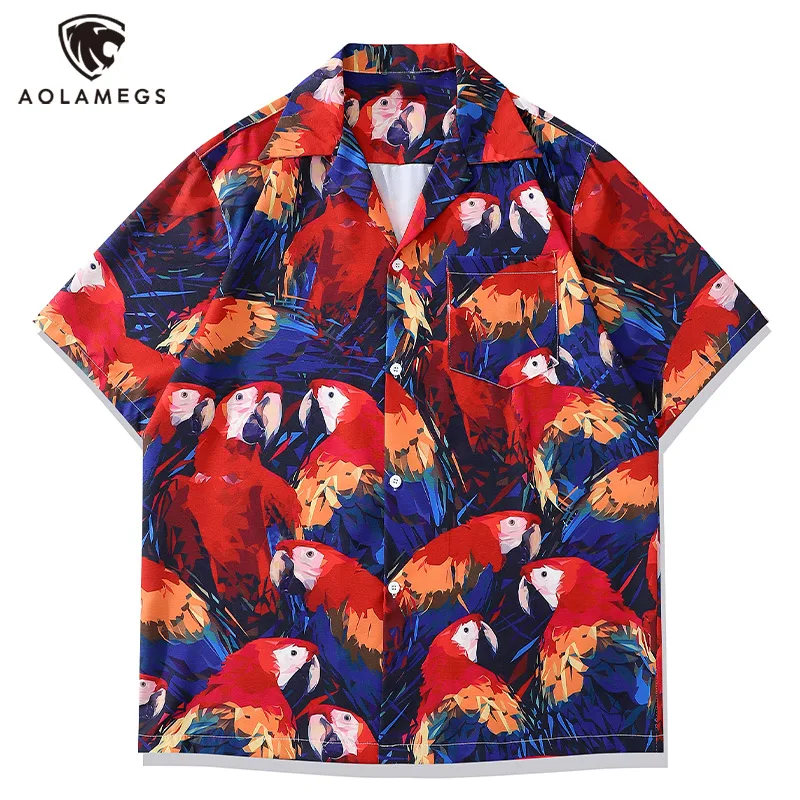 High Street Bright Color Multi Parrot Graphic Print Hawaiian Shirt for Men Oversized Lapel Button Short Sleeve Shirts Unisex