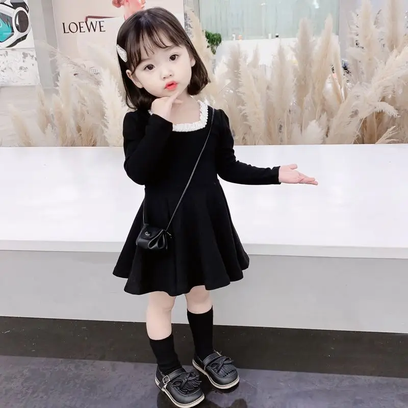 Kids Girls Autumn Dress 2024 New Arrival Children Casual Daily Dress Baby Girls Princess Cute Black Dress Korean Style