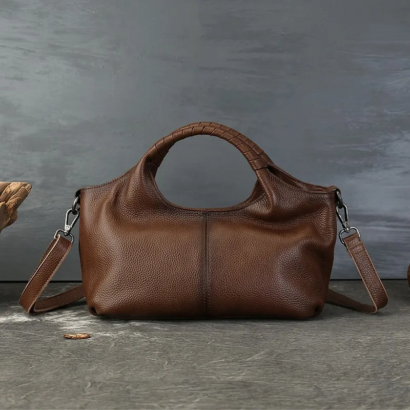 

Johnature Genuine Leather Versatile Solid Color Handbag 2025 New Retro Soft Cowhide Large Capacity Shoulder Bags