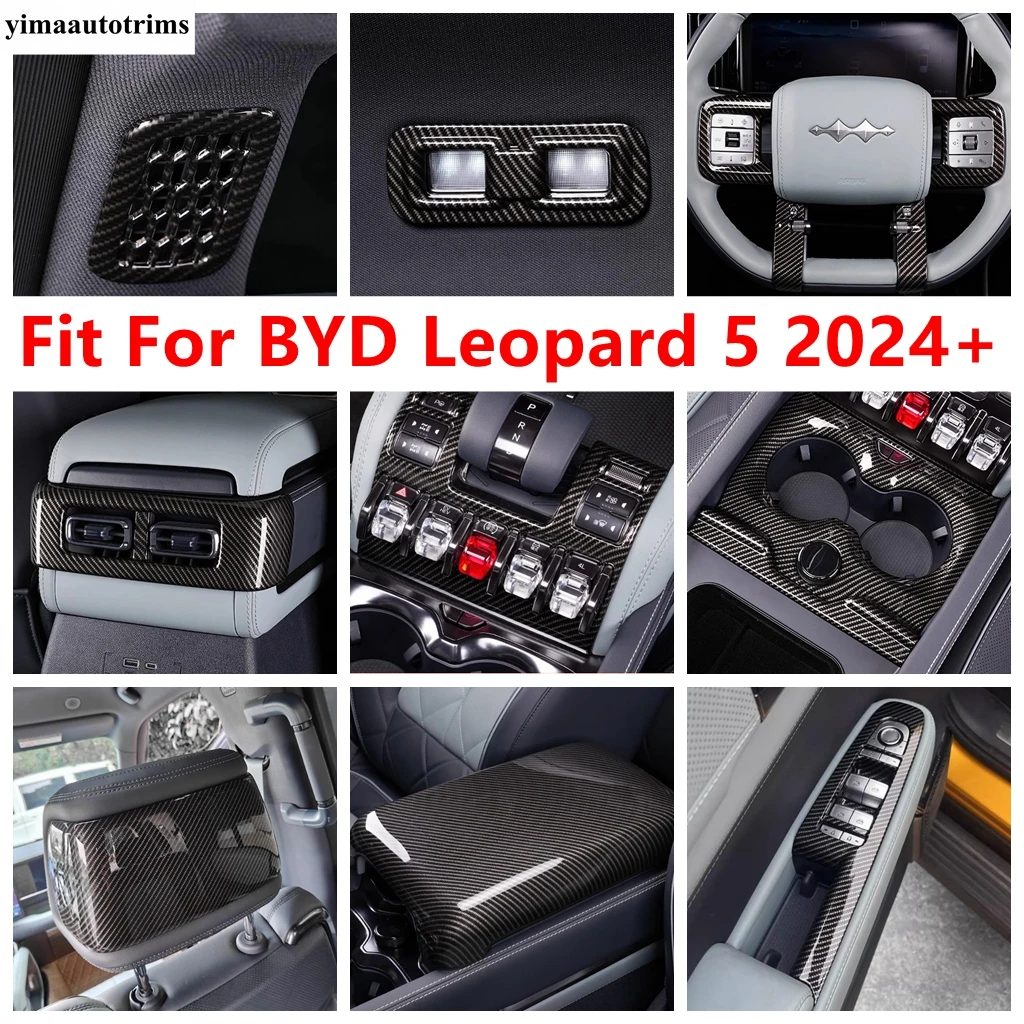 

5D Carbon Fiber Look Car Gear Shift Panel Water Cup Holder / Steering Wheel Cover Trim Accessories For BYD Leopard 5 2024 2025
