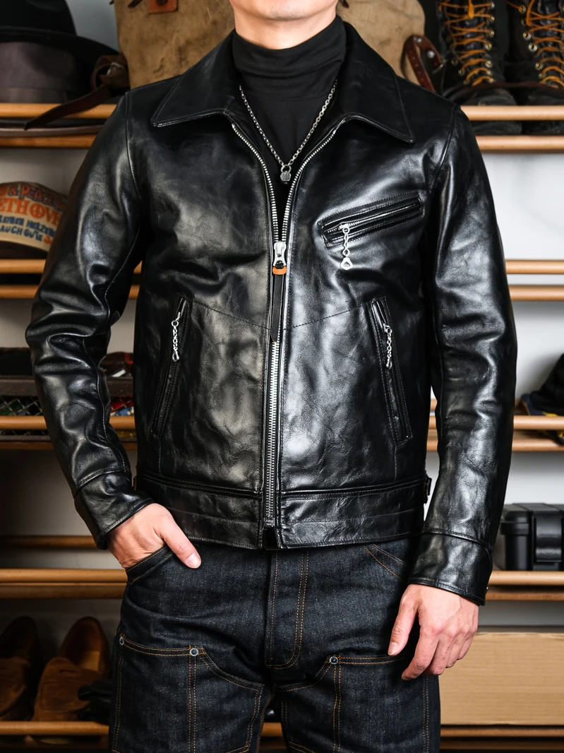 

Мужская кожаная куртка Real Simon Slim Fit Jaet California Riding Police orm Tea Heart Leather ort Sle Zipper Closure