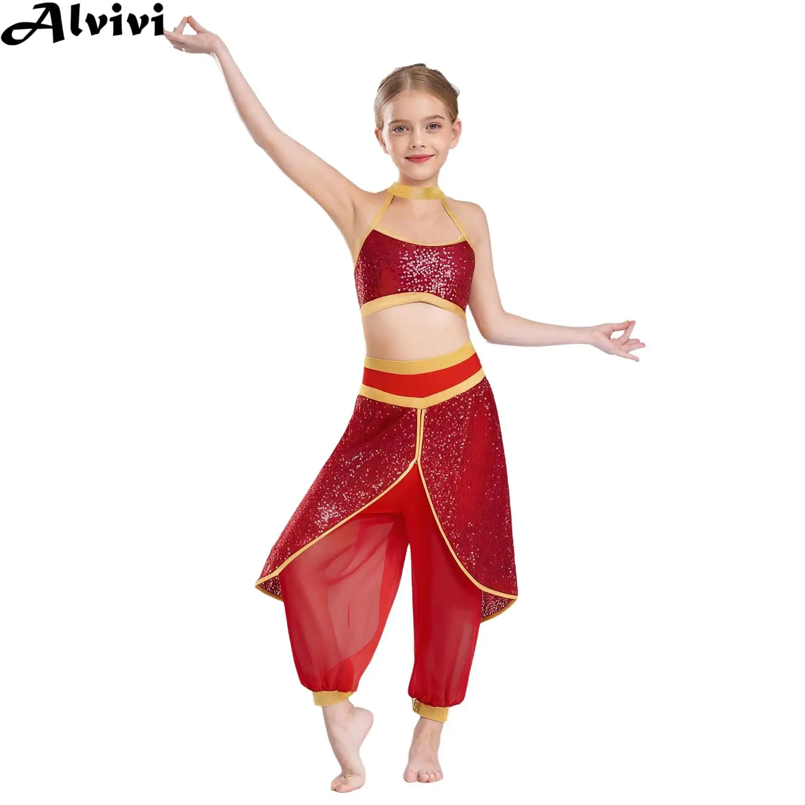 

Kids Girls Belly Dance Outfit Halloween Carnival Party Arab Jasmine Princess Cosplay Costume Sequin Crop Top with Overlay Pants