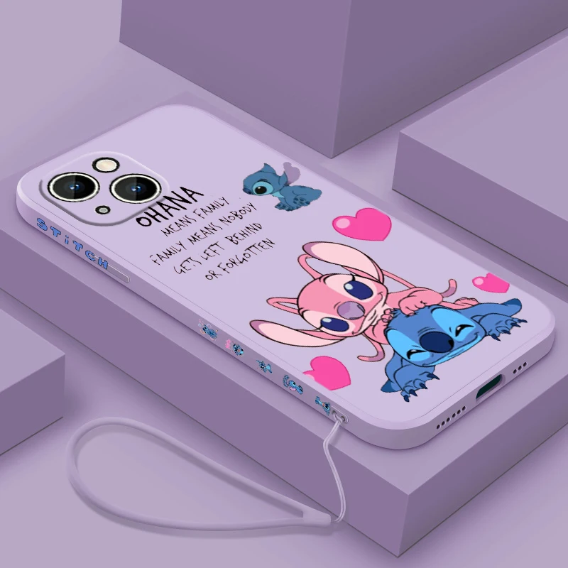 Stitch Baby Disney Love For Apple iPhone 15 14 13 12 11 XS XR X 8 7 Pro Max Plus Mini Liquid Left Rope Phone Case