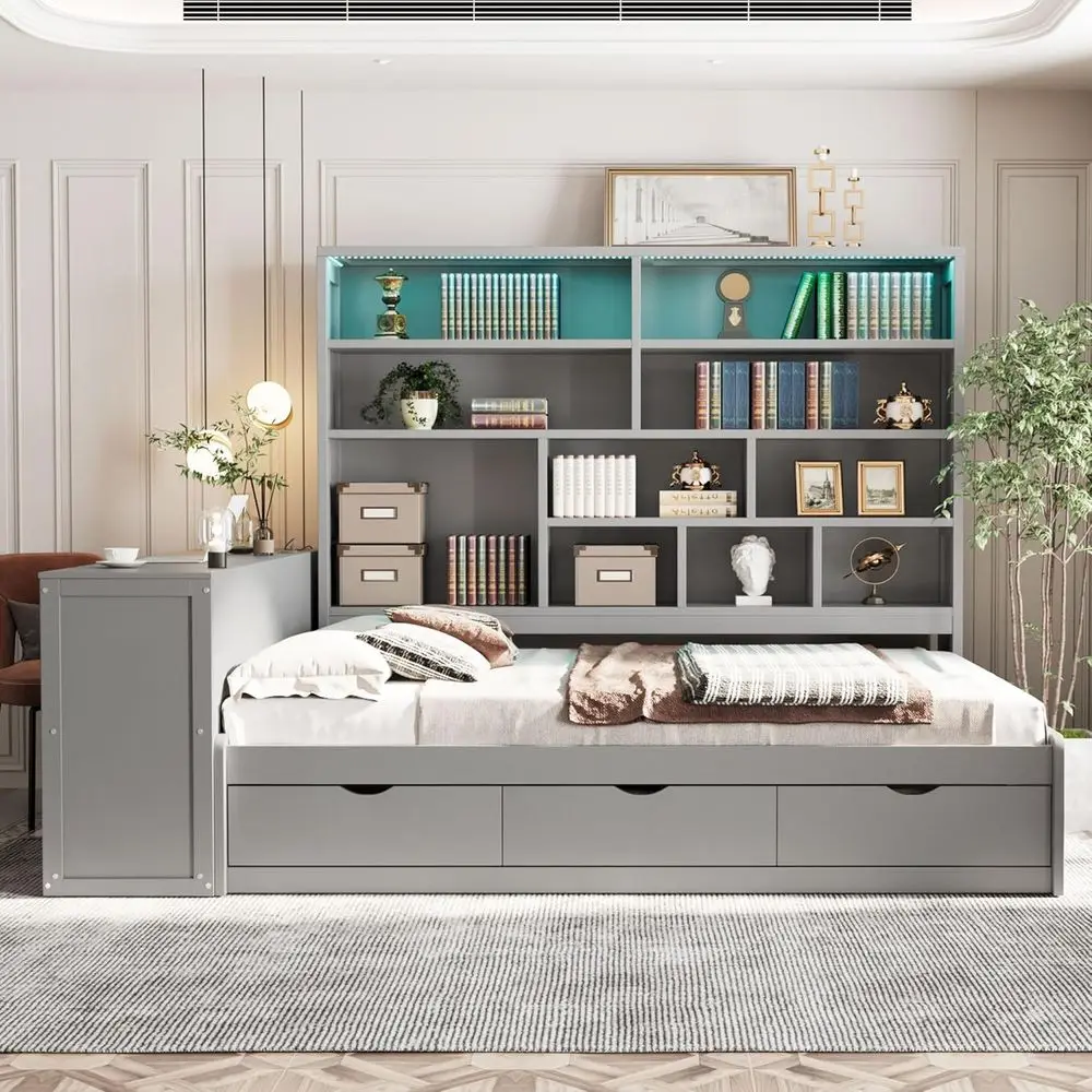 

Grey Corner Bed with Storage, Desk, Bookcase, LED Lights, and USB Ports for All Ages