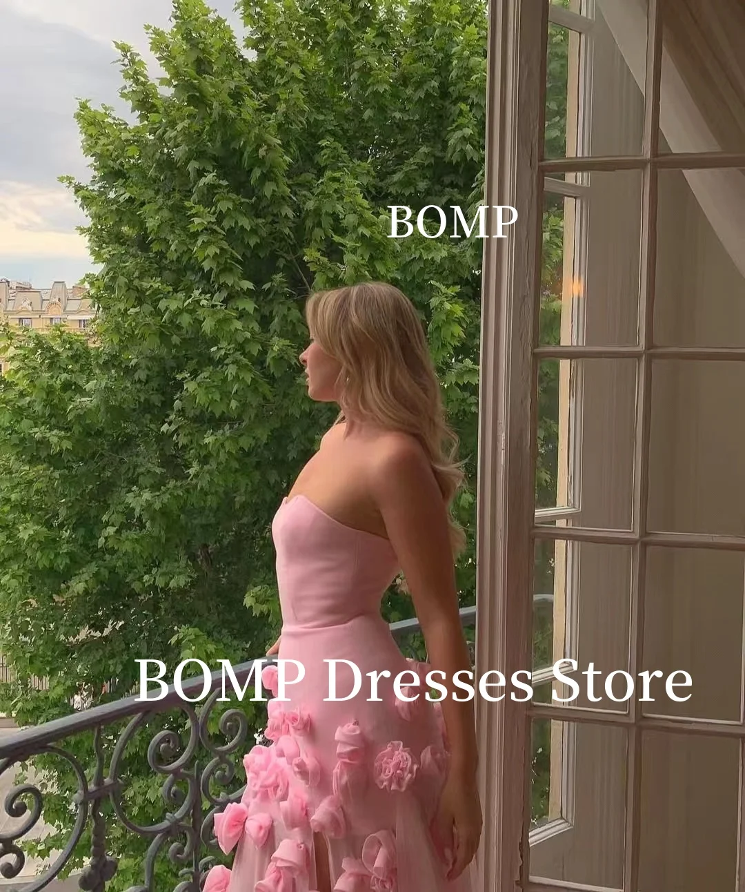 BOMP exquisito vestido de fiesta de noche rosa sin tirantes con abertura lateral vestido de fiesta de gasa Arabia Saudita personalizado فساتmavera